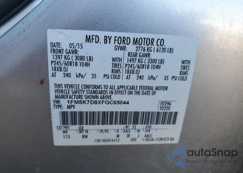2015 Ford Explorer Xlt from USA, damaged, VIN 1FM5K7D8XFGC65044